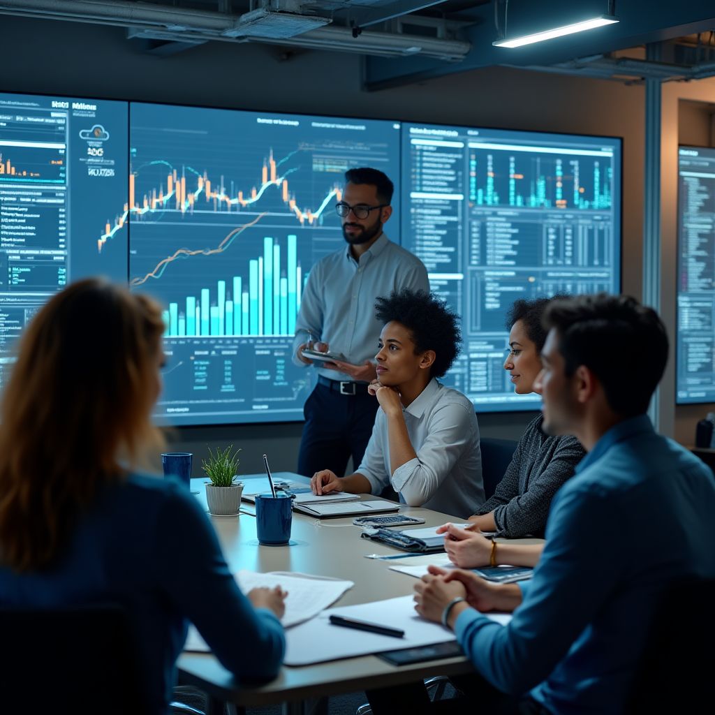Equipo de consultores financieros analizando datos
